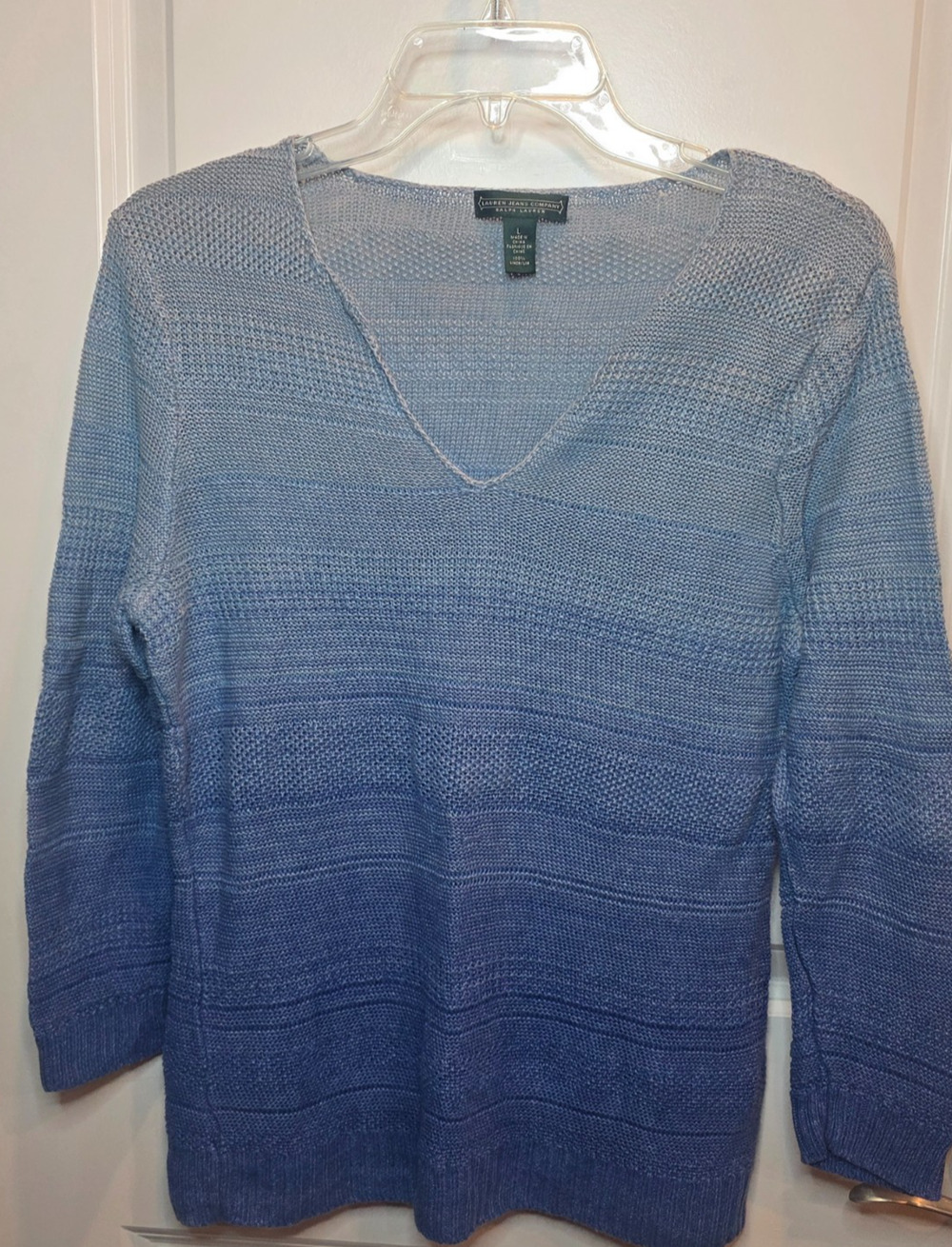 Lauren Jeans Co Ralph Lauren Sweater Women L Blue 100% Linen V-Neck Knit Coastal